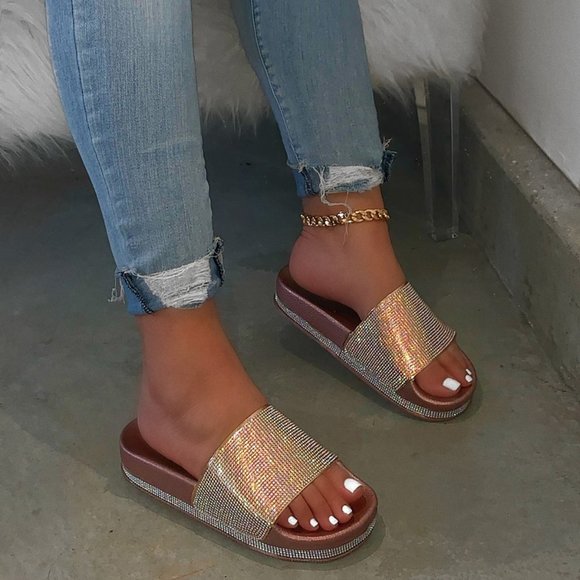 NEW🔥 Rose Gold Rainbow AB Rhinestone Slide Sandal - Picture 6 of 6